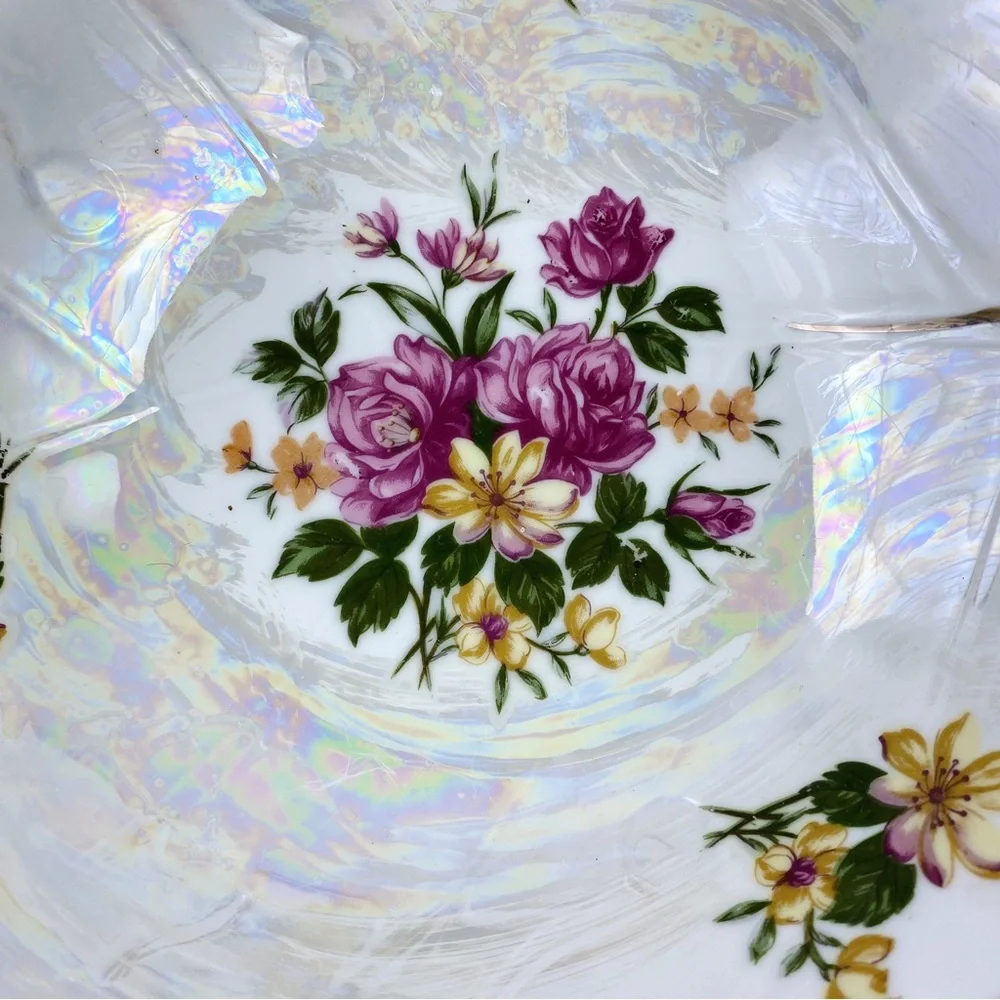 Vintage Floral Lusterware Serving Bowl Gold Trim